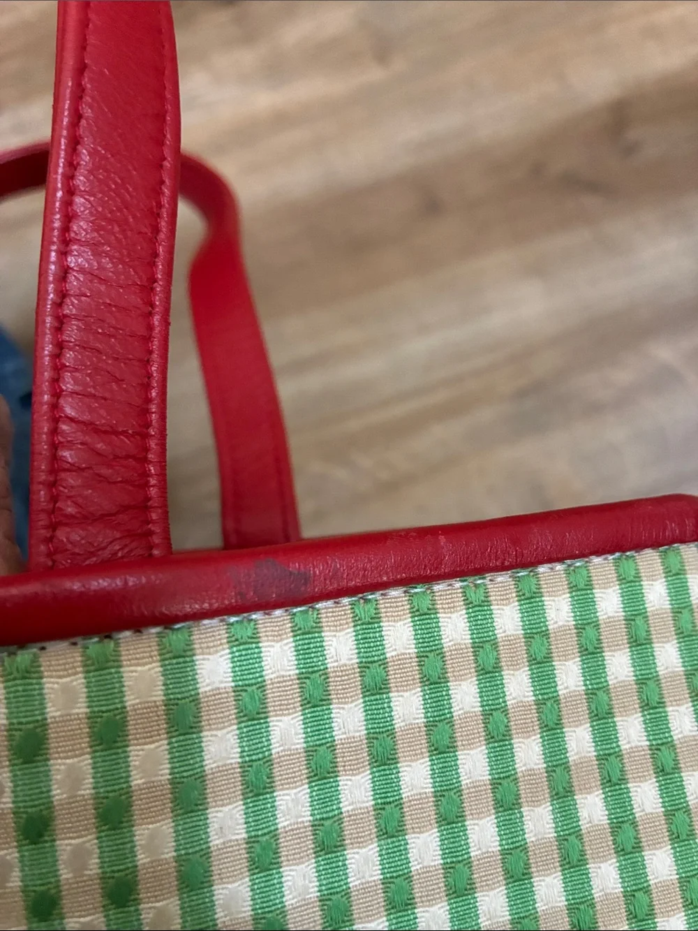VINTAGE Isabella Fiore Red Leather&Green Gingham Bag w/ Floral&Fruit Embroidery